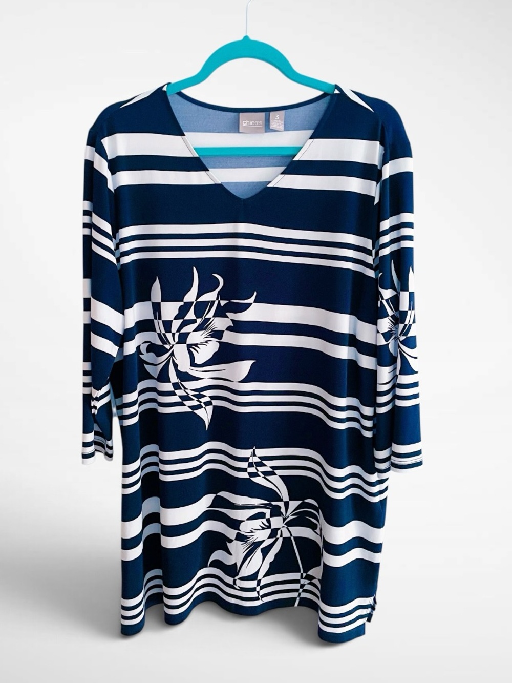 Chico’s Tunic-Length Navy and White Striped Floral Top